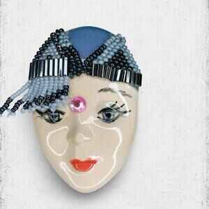 110. Blue Beaded Ceramic Ladyface Brooch